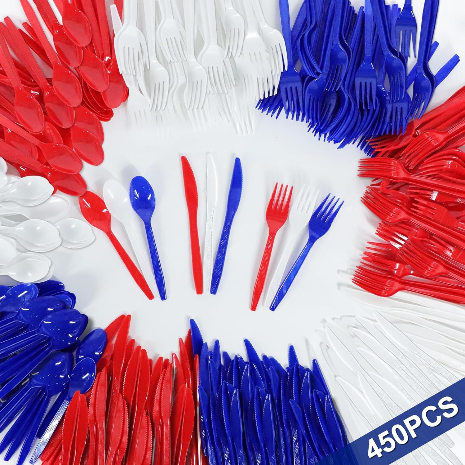 Patriotic American Flag Party Supplies - 450 Pcs Disposable Cutlery Set | 150 Spoons, Forks & Knives in Red, White & Blue