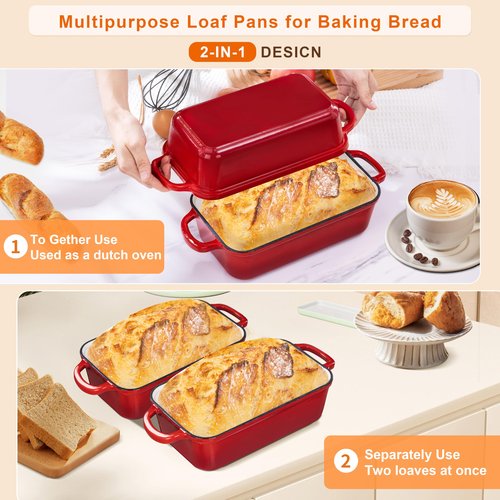 GRMImosa 2 in 1 Cast Iron Loaf Pan wiht Lid, Bread Loaf Pans for Baking Bread 9x5, Sourdough Bread Baking Pan for Homemade Bread, Meatloaf, Cherry