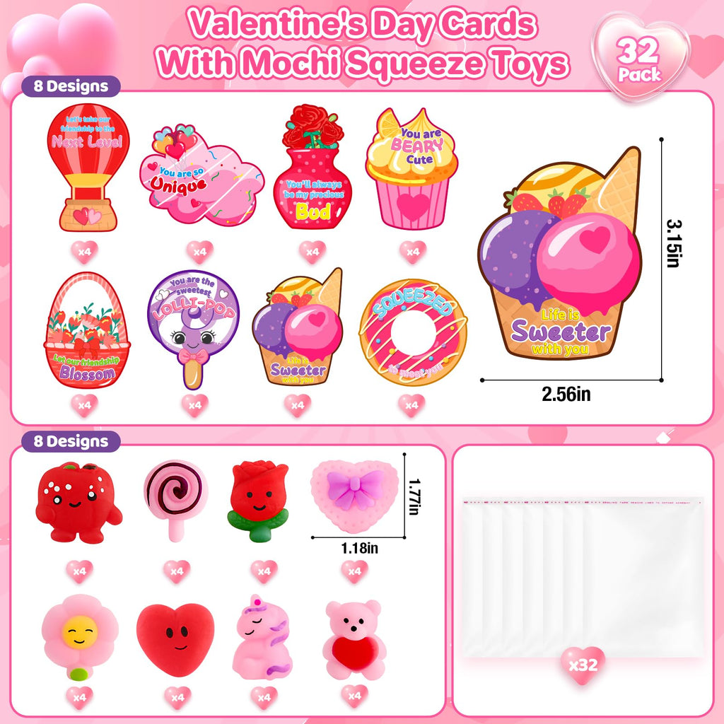 OCHIDO 32 Pack Valentines Day Cards with Mochi Squeeze Toys, Valentines Day Gifts for Kids Classroom Exchange and School Reward, Stress Relief Fidget Toy for Valentines Party Favors