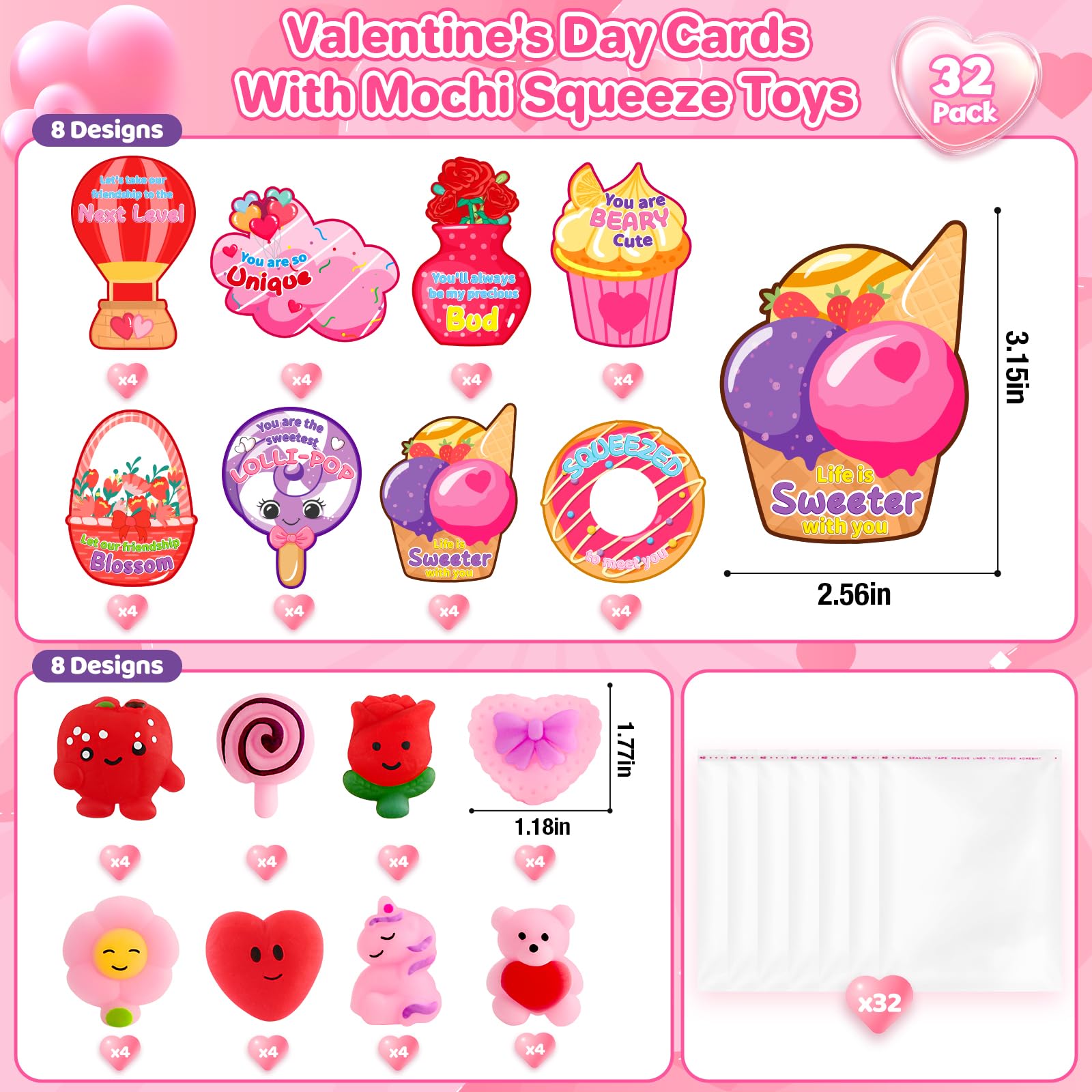 OCHIDO 32 Pack Valentines Day Cards with Mochi Squeeze Toys, Valentines Day Gifts for Kids Classroom Exchange and School Reward, Stress Relief Fidget Toy for Valentines Party Favors