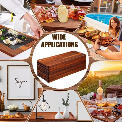 10 Pack Solid Wood Serving Trays 16.7 x 6.4 Inch Acacia Wooden Server Platter Rectangular Charcuterie Boards with Grooved Handle for Home Room Coffee Cheese Appetizer Table Farmhouse Serving Decor