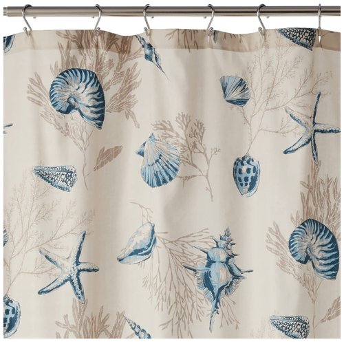 Bayside Print Cotton Fabric Long Shower Curtain, Coastal Shower Curtains for Bathroom, 72 X 72, Blue