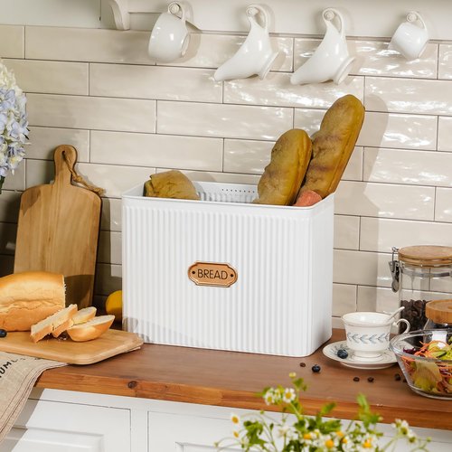 HOME PALETTE Extra Large Bread Box for Kitchen Countertop Corner Breadbox for Homemade Bread Metal White Vertical Stripe Pattern Embossed Storage Container Bin with Bamboo Lid Fits 2 Loaves of Bread