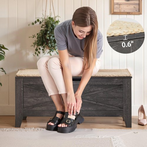 VECELO 43.3" Storage Chest with Lift Top Storage, Farmhouse Style Ottoman with Handwoven Wicker Cushion, Safety Hinges, Ideal for Entryway, Bedroom, Living Room, Coal Gray