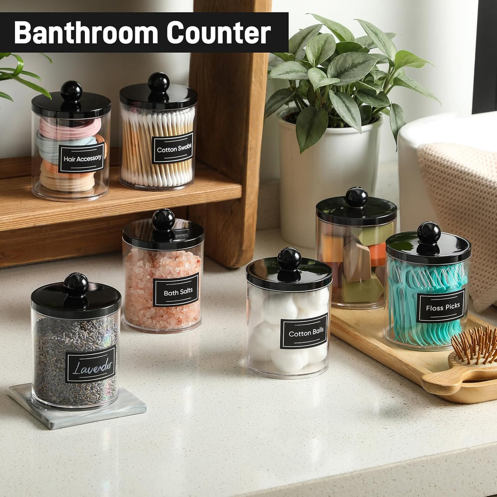 Skiennix Acrylic Qtip Holder Dispenser - 6 Pack Clear & Black Bathroom Storage Organizer