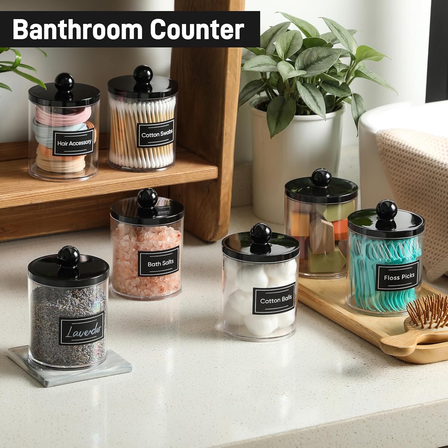 Skiennix Acrylic Qtip Holder Dispenser - 6 Pack Clear & Black Bathroom Storage Organizer