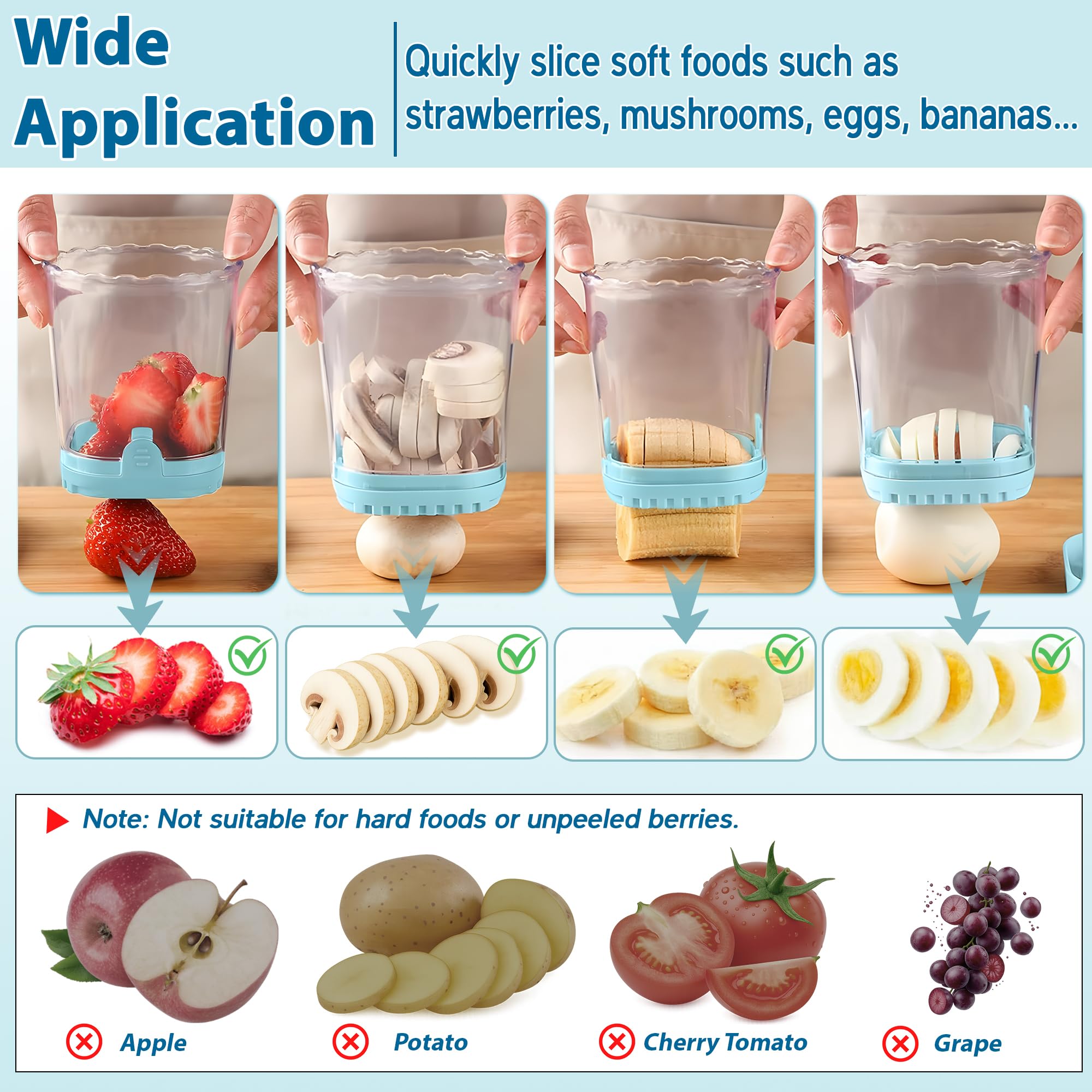 Strawberry Slicer Cup with Push Plate, Fruit Cutter Kitchen Gadget for Egg, Kiwi, Banana, Cucumber, Easy Fruit & Vegetable Slicer, Strawberry Cutter Tool for Quick Safe Cutting (Blue)