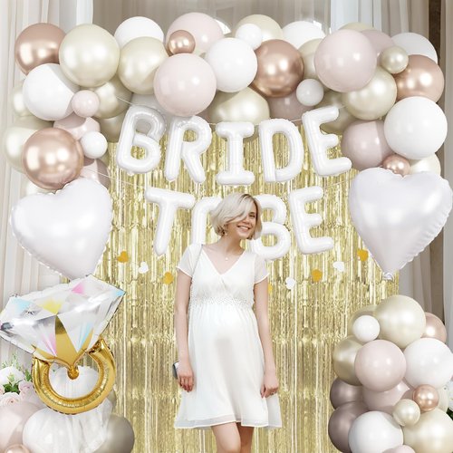 White Gold Bachelorette Party Decorations, Bride To Be Mylar Foil Letter Balloons with White Champagne Balloons and Light Gold Fringe Curtains for Bridal Shower Decoration Engagement Hen Party Decor