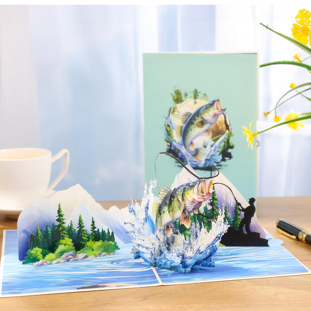 Pop Up Birthday Card Fishing, 3D Bass Fishing Popup Card For Husband, Dad, Men, Husband, Son, Brother, Grandpa, Fisherman Gift; All-Occasion Father's Day, Birthday, Outdoor, Thank You, Retirement