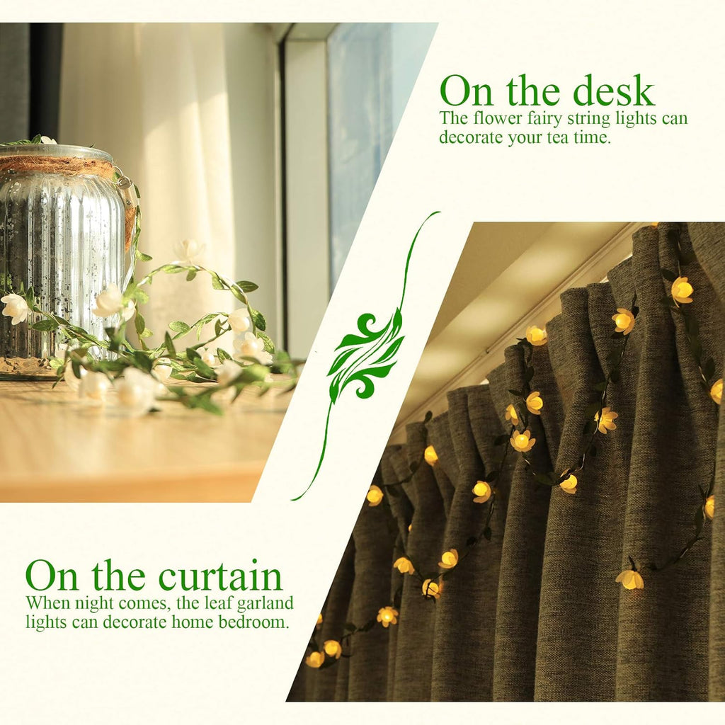 Vigdur Fairy String Lights - 2-Pack Tiny Leaf Garland with White Flowers, 15.2FT, 50 LEDs for Indoor/Outdoor Décor