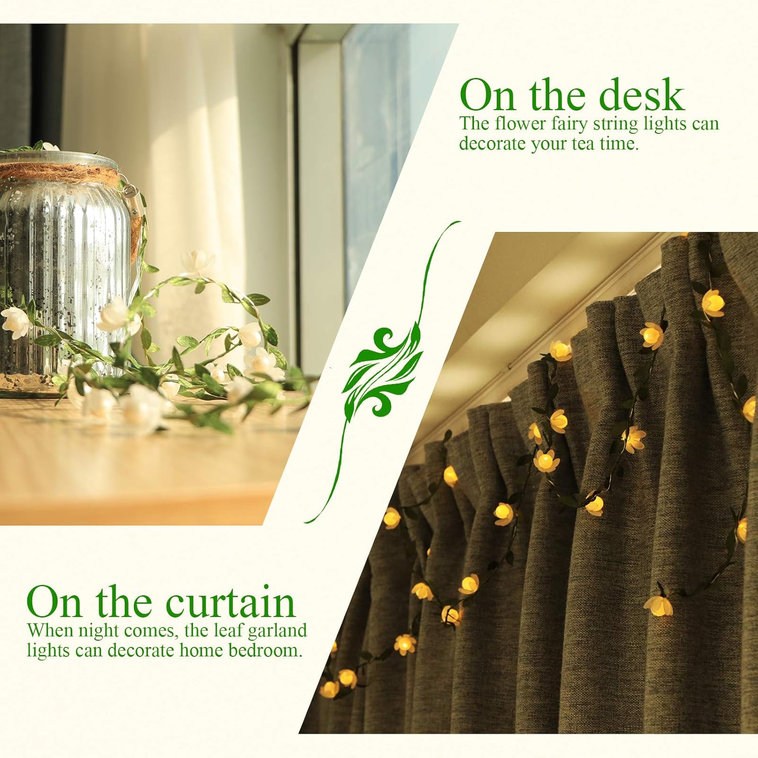 Vigdur Fairy String Lights - 2-Pack Tiny Leaf Garland with White Flowers, 15.2FT, 50 LEDs for Indoor/Outdoor Décor