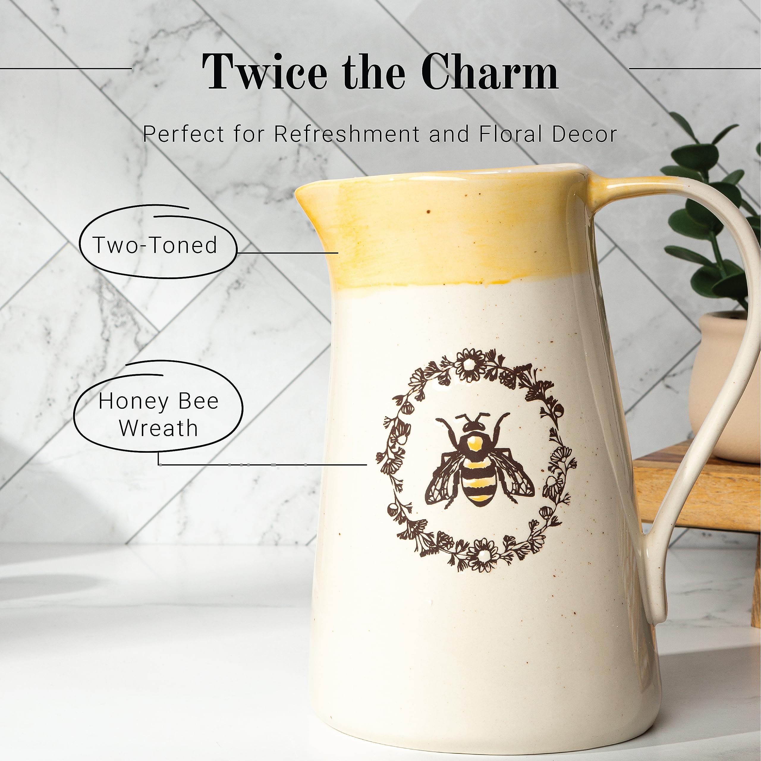 Young's Inc. Ceramic Water Pitcher - Large Serving Pitcher for Iced Tea, Coffee, and Cold Drinks - Ideal for Family Gatherings, Dinner Parties, and Brunches - 7" x 4.75" x 9.5" - Bee