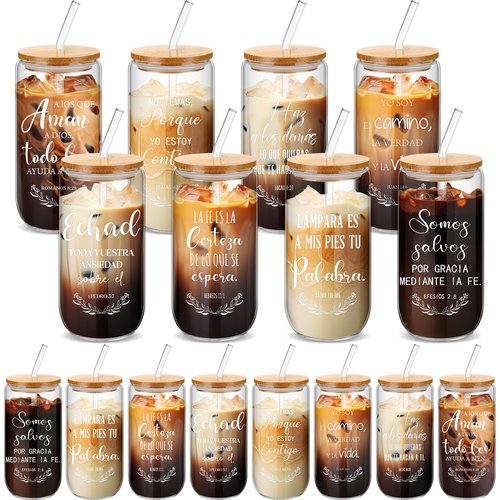 Funnymoom 24 Pcs Spanish Christian Gifts for Women Mom Regalos Cristianos Para Mujer 16 oz Religious Glass Cups with Bamboo Lids and Straws Brushes Bible Verse Coffee Tumbler for Church Gifts