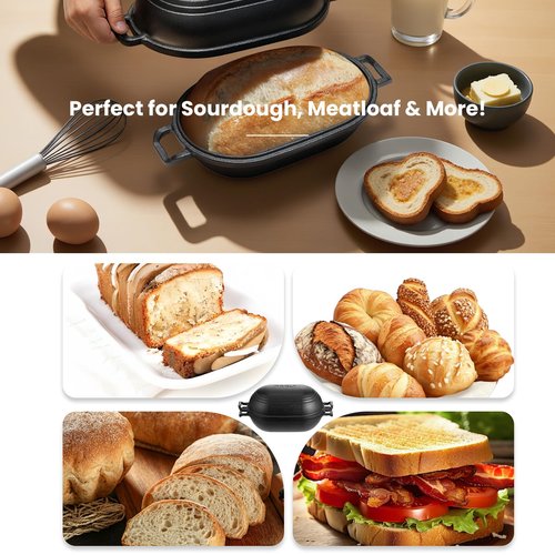 FRRLY Cast Iron Loaf Pan with Lid-Bread Baking Pan for Sourdough,Pre-Seasoned Oval Dutch Oven, 9 x 5-4/5 Inch Loaf Pans for Homemade,Heavy Duty with Even Heating