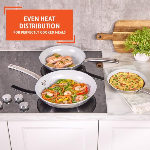 IMUSA 3-Piece Fry Pan Set 8”, 10” & 12” | Ceramic Nonstick Stainless Steel Induction Cookware | Aluminum Skillet Set for Frying, Sautéing & Stir Fry | Oven Safe Cookware with Comfortable Handles