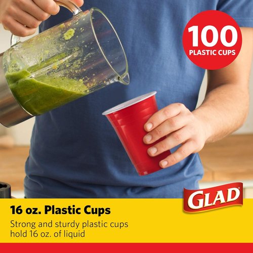 Glad Everyday Disposable Plastic Cups - Strong Red Party Cups for All Occasions - 16oz, 100 Pack Heavy Duty