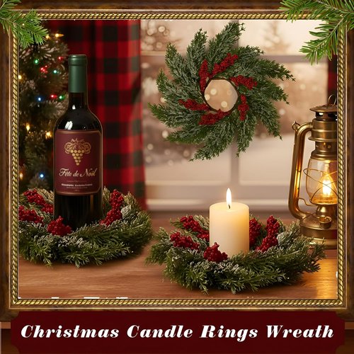 Cinnvoice Christmas Candle Rings - 8 Pcs Artificial Garland with Red Berries for Home Decor | Table Centerpiece
