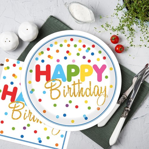 40Pcs Birthday Party Supplies Paper Plates and Napkins, Colorful Polka Dot Themed Dinner Plates Napkins Disposable Tableware Set for Birthday Party Decorations Serve 20