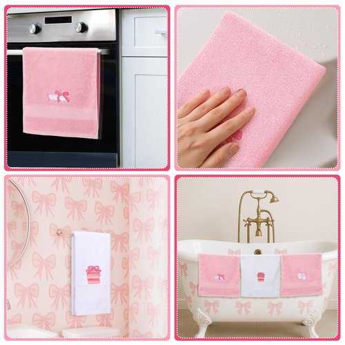 Breling 3 Pcs Bow Towels for Bathroom, Coquett Pink Bowknot Kitchen Hand Towels 100% Cotton Soft Embroidered Home Decoration for Birthday Bridal Shower Wedding Gifts 13.3 x 29 Inch