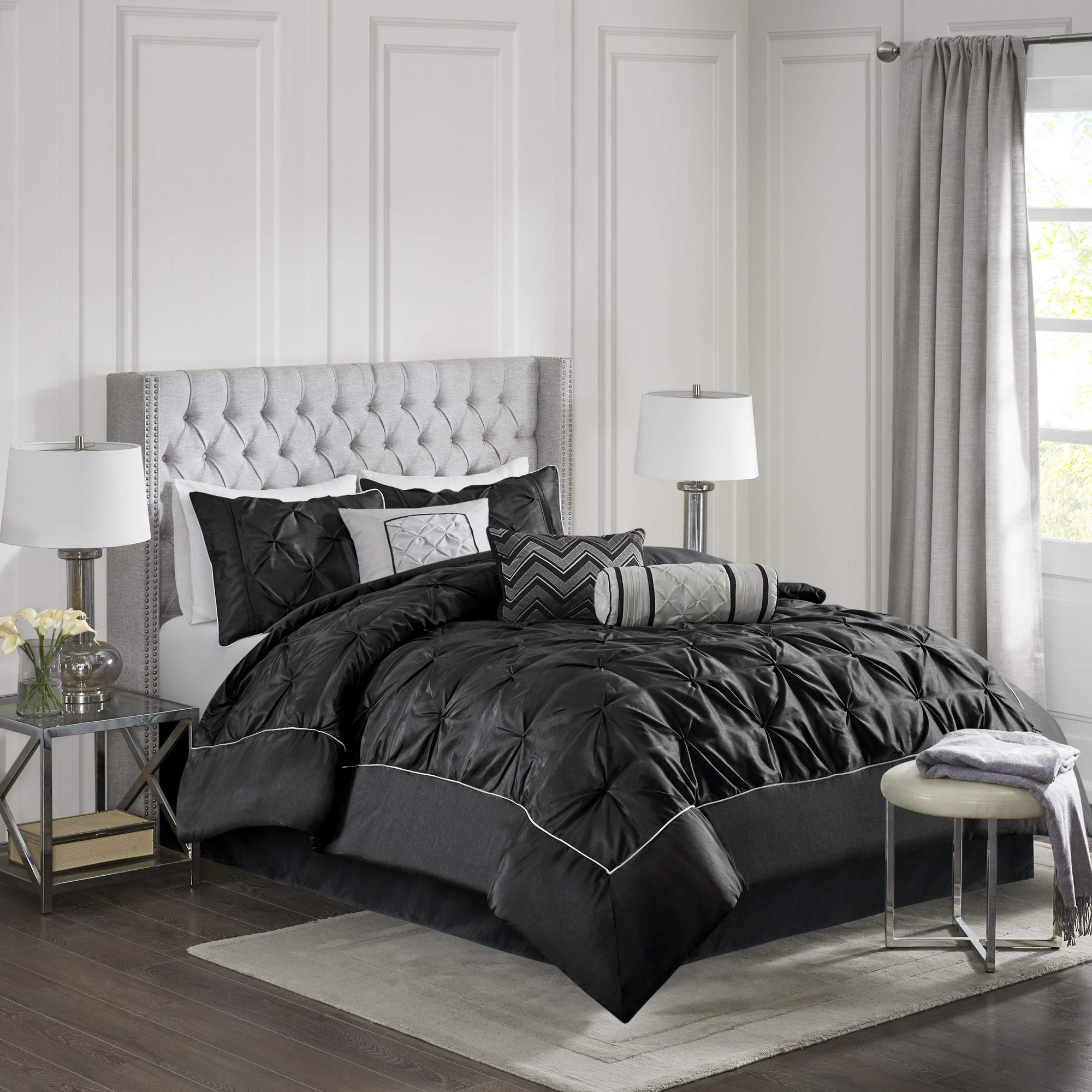 Madison Park Laurel Queen Size Bed Comforter Set Bed In A Bag - Black , Wrinkle Tufted Pleated – 7 Pieces Bedding Sets – Faux Silk Bedroom Comforters