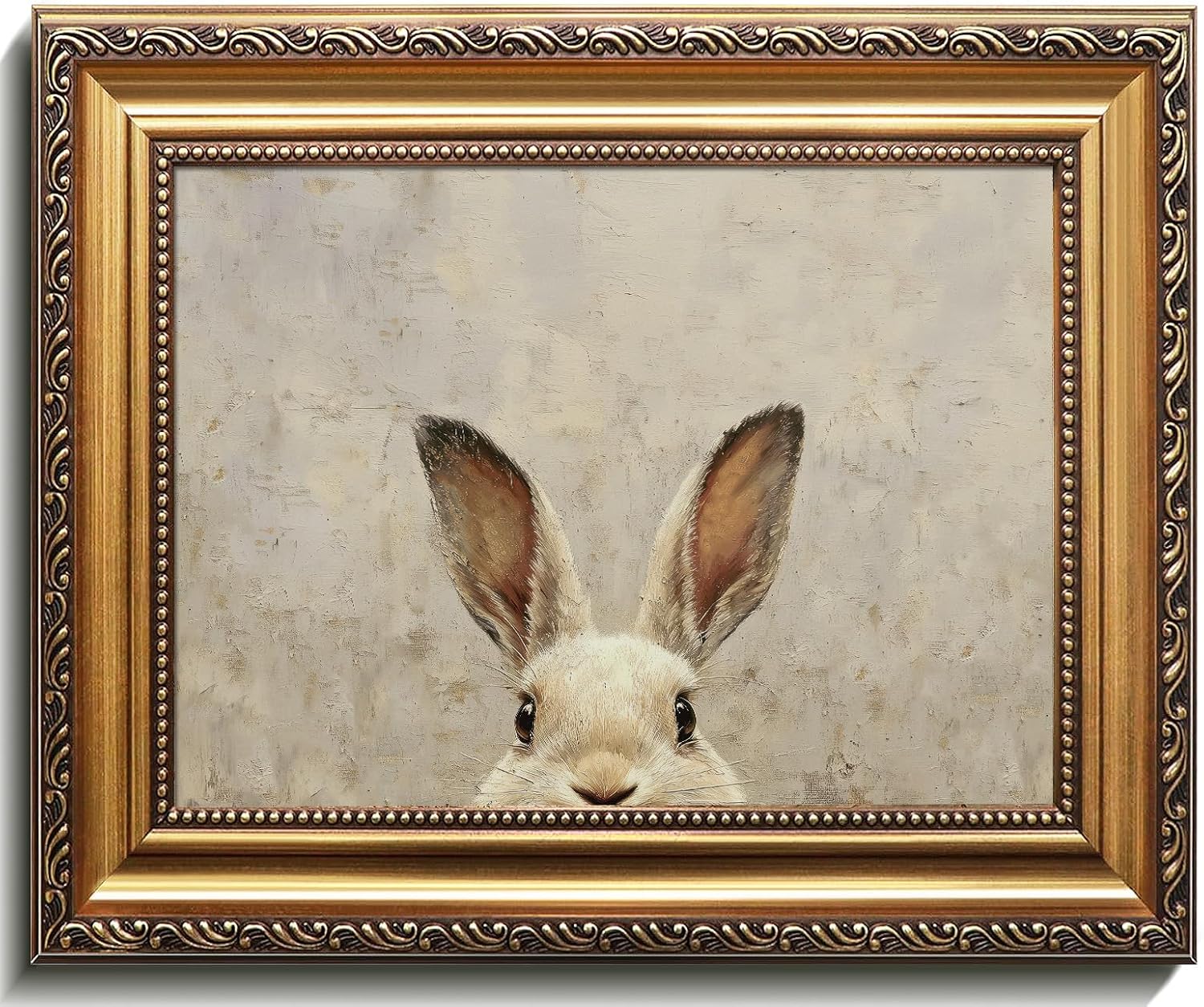 Uniro Vintage Gold Framed Wall Art - Easter Bunny Canvas Oil Painting Poster for Rustic Decor | 9x12 Inch