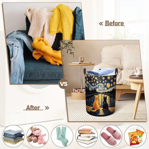 Starry Night Cat Laundry Basket, Large Foldable Clothes Bag Collapsible Storage Bin Basket For Nursery,Office,Toy Organizer,Home,Decor - 19.7 Inch X 15.7 Inch