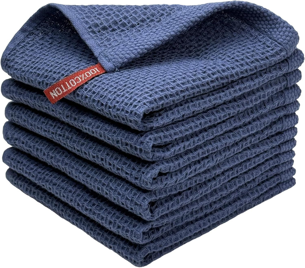 Skiennix 100% Cotton Waffle Weave Kitchen Towels - Ultra Soft & Absorbent Dish Cloths | 6 Pack, Dark Blue, 12x12 Inches