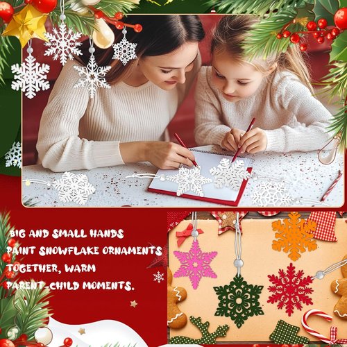 MEMOVAN 16PCS White Snowflake Ornaments - Wooden Hanging Decorations for Christmas Tree & Holiday Crafts