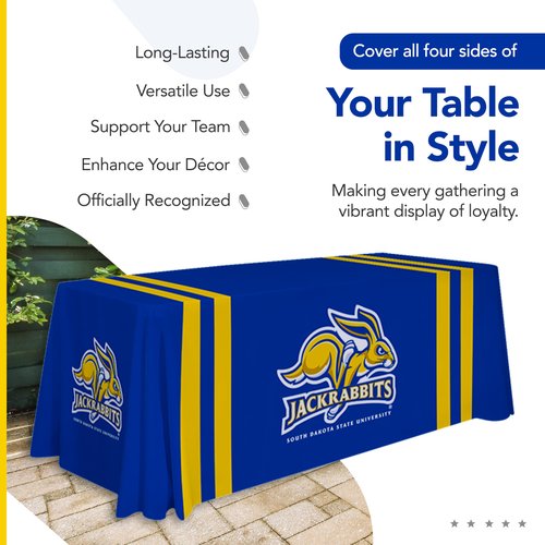 South Dakota State Jackrabbits College Sports Printed Table Throw - NCAA Licensed - Polyester - School Tablecloth (Blue, Gold) (6' Draped)