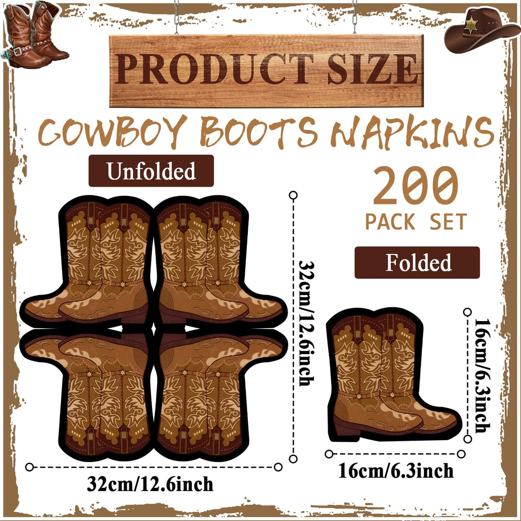 200Pcs Cowboy Boot Napkins Western Cowboy Party Decorations Wild West Cowgirl Boot Decorative Napkins Parties Supplies for Baby Shower Rodeo Boot Shaped Birthday Lunch Dinner Table Decor Party Favor