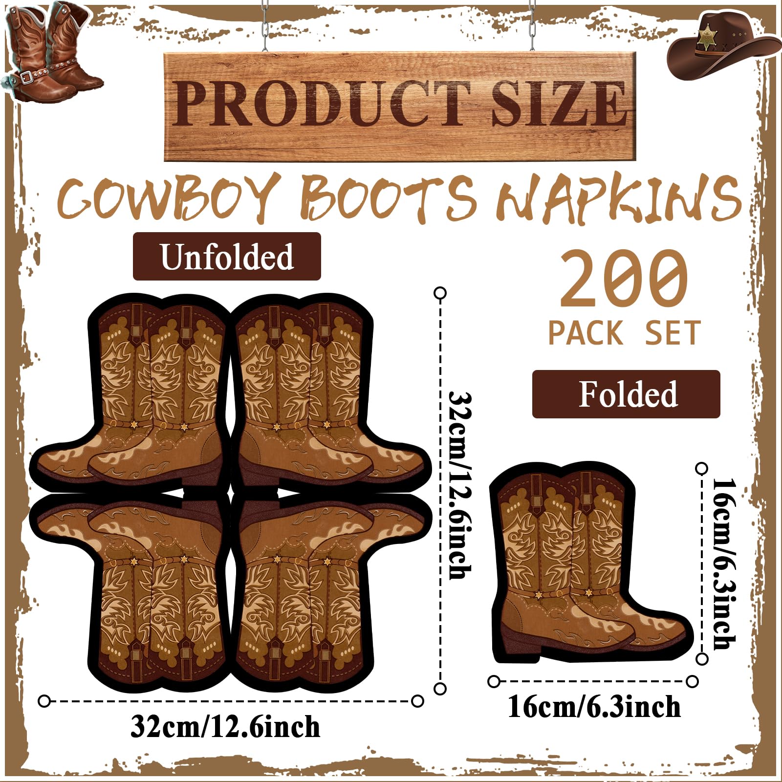 200Pcs Cowboy Boot Napkins Western Cowboy Party Decorations Wild West Cowgirl Boot Decorative Napkins Parties Supplies for Baby Shower Rodeo Boot Shaped Birthday Lunch Dinner Table Decor Party Favor