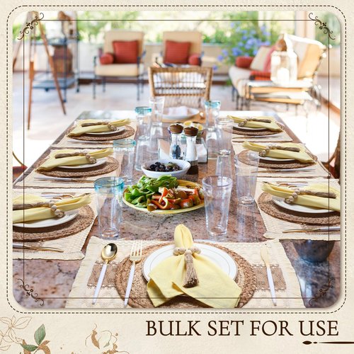 Zhehao 12 Set/36 Pcs Boho Table Placemats, Spring Natural Cotton Burlap, Grass Woven Mats, Macrame Table Decor Farmhouse Style with Tassels Beads Napkin Rings for Wedding Engagement Party