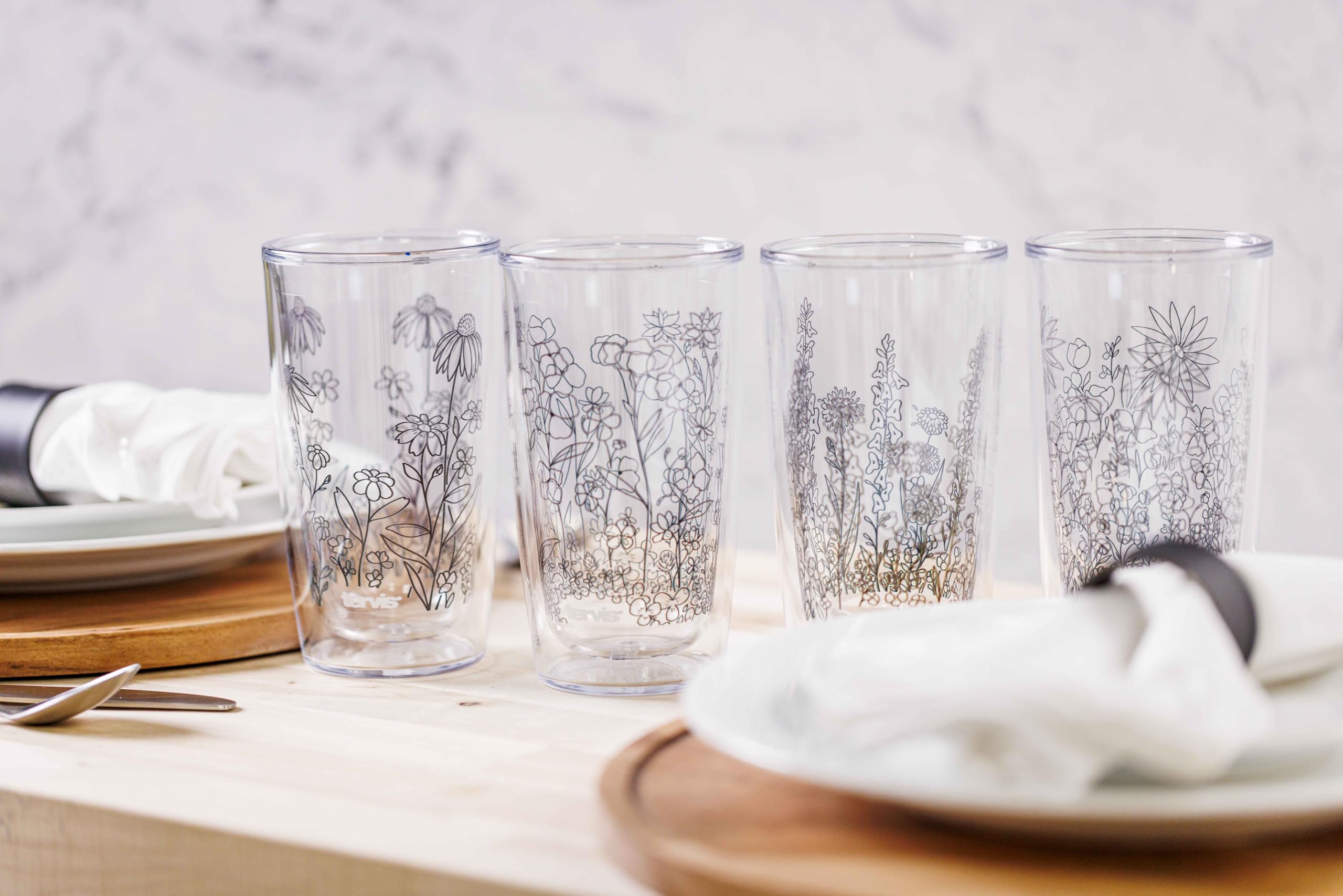 Tervis Wildflower Crystal Collection Made in USA Double Walled Insulated Tumbler Travel Cup Keeps Drinks Cold & Hot, 16oz - 4pk, Assorted