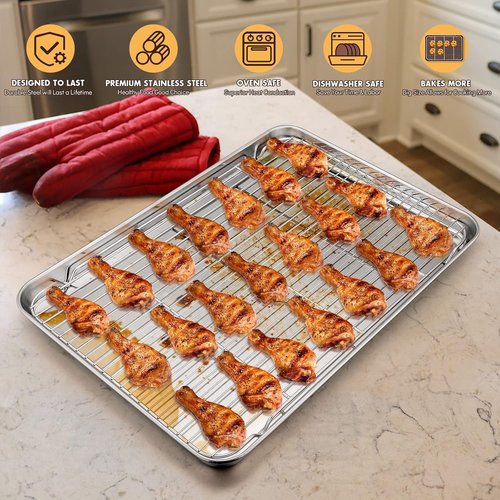 E-far Stainless Steel Baking Sheet Set - 20”x14” Cookie Sheet with Cooling Rack | Dishwasher Safe