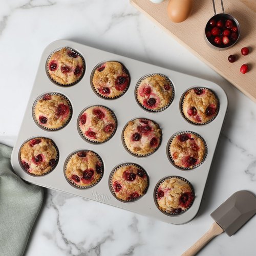 Martha Stewart Gallen 12-Cup Nonstick Carbon Steel Muffin and Cupcake Pan – Cool Grey, Durable Bakeware for Even Baking and Easy Release