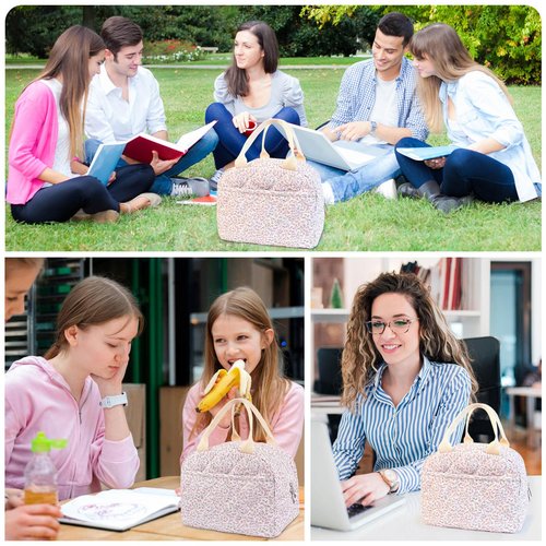 Dark Swan Cotton Quilted Insulated Lunch Bag, Cute Quilted Floral Tote Bags Reusable Lunch Box Coquette Aesthetic Large Capacity Insulated Cooler for Women Work Travel Picnic (Pink)