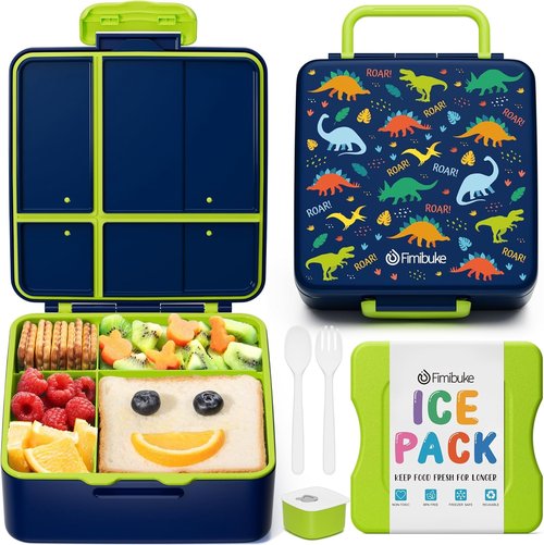 Fimibuke Bento Box - Leak Proof Lunch Container with Ice Pack | BPA-Free, 4 Compartments, Microwave & Dishwasher Safe for Kids & Adults