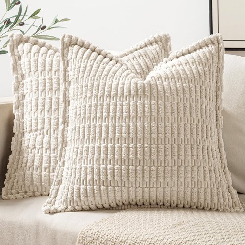 MIULEE Cream White Corduroy Throw Pillow Covers - Soft Striped Design | Set of 2, 18x18 Inch for Modern Boho Decor