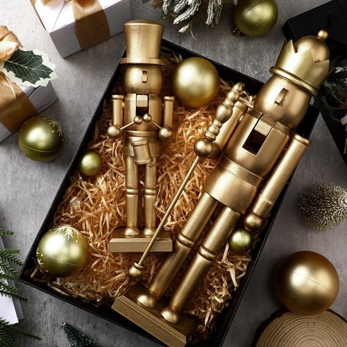 Quzzil 2 Pcs Christmas Nutcracker Ornaments Neutral Nutcracker Figures 10'' 15''Christmas Decor Ornament Soldier Festive Collectible Gift for Table Fireplace Shelf Desktop(Gold,Wooden)