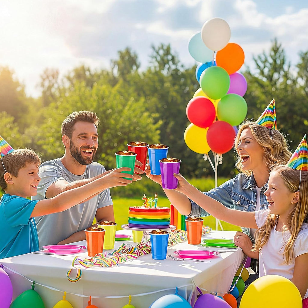 Qinyoung 100 Pcs Rainbow Plastic Cups - 12 oz Disposable Drinking Cups for Parties & Celebrations