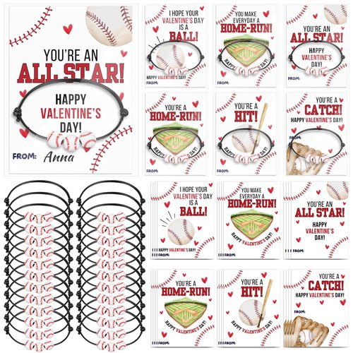 Demonwer 24 Sets Valentine's Day Baseball Bracelet Gift Adjustable Baseball Bracelets with Inspirational Cards Sport Party Favors for Valentine Team Prize Exchange Gifts Supplies