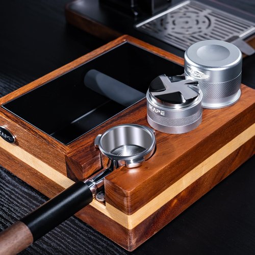 IKAPE 54mm 4-in-1 Espresso Knock Box & Tamping Station, 51mm 53mm 54 mm Natural Mahogany Accessory Organizer Base