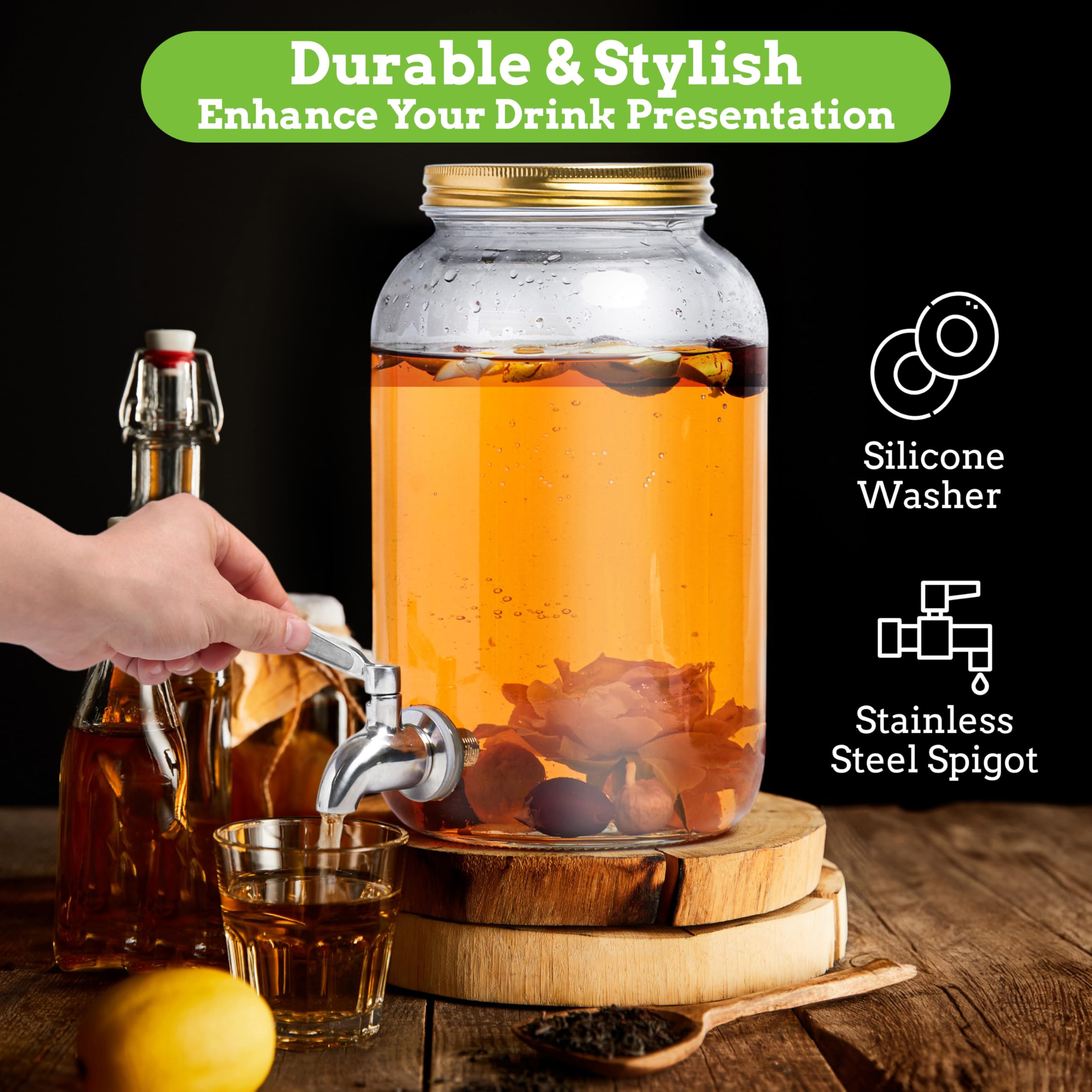 1 Gallon Kombucha Glass Beverage Dispenser with Spigot - Wide-Mouth - Glass Drink Dispenser Parties & Home Use and Lid for Juice, Wine, and Cold Drinks - Punch Dispenser - 10"x6"x6"