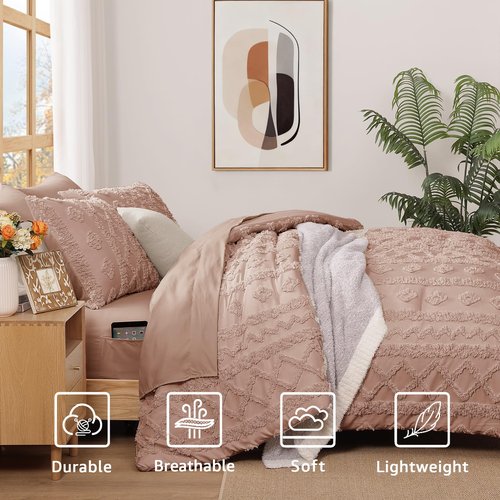 WRENSONGE Queen Comforter Set with Sheets - 7 Pieces Rusty Pink Tufted Bed in a Bag Queen Shabby Chic Bedding Sets with 1 Comforter, 2 Sheets, 2 Pillowcases & 2 Shams