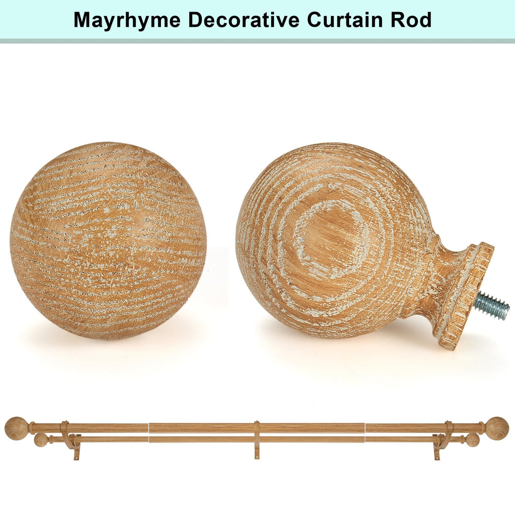 Double Wooden Curtain Rods for Windows 72 to 144 Inches,1 Inch Front and 5/8 Inch Back Boho Curtain Rod with Imitation Wood Grain Ball Finials and Double Aluminum Bracket,Light Wood Grain