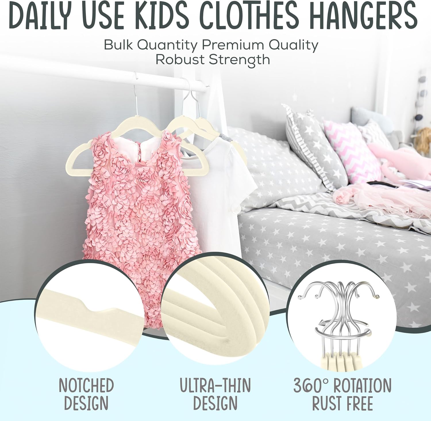 TechZoo 50 Premium Kids Velvet Hangers - Non-Slip, Ultra Slim & Durable - 14" Ivory Hangers with 360° Swivel Hook