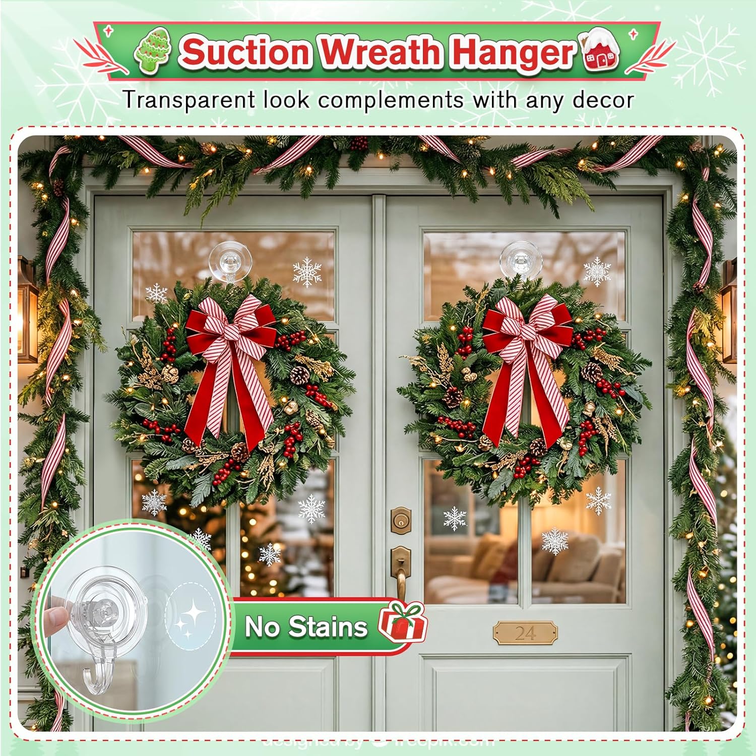 VIS'V Wreath Hanger - Heavy Duty Suction Cup Hooks | 22 LB Capacity, Clear, 2 Pack, Removable & Reusable