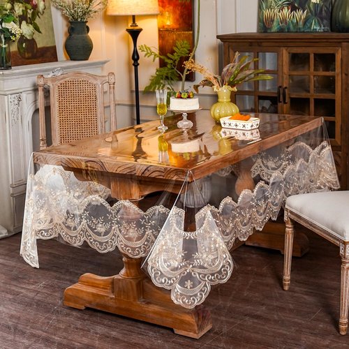 ARTABLE Vinyl PVC Rectangle Tablecloth Waterproof Clear Table Cover with Champagne Lace Macrame Border for Wedding Kitchen Home Outdoor Indoor Holidays Party Decor (Champagne-1, 60 x 104 Inch)