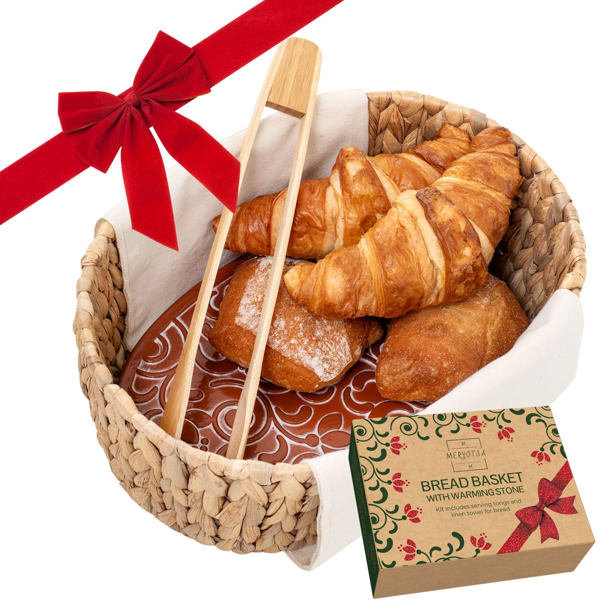 Premium Bread Basket with Warmer – Woven Serving Basket with Terracotta Warming Stone & Tongs, Keeps Bread Warm Longer, Modern Table Basket for Bread, Rolls & Tortillas, Mothers day, Mothers day gift