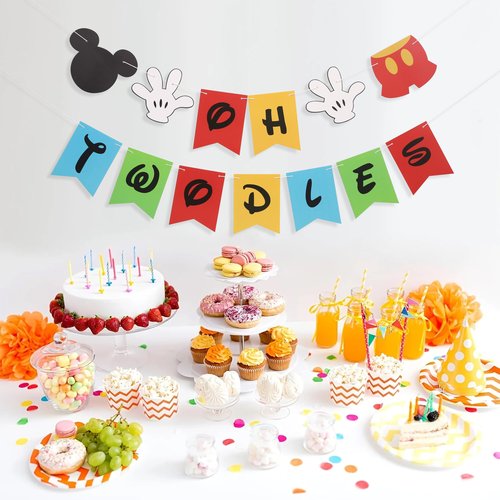 HUHJRUAR Oh Twodles Birthday Banner, Mouse 2nd Birthday Decorations, Girl 2nd Party Banner, 12 inches by 8 inches, Banner-1
